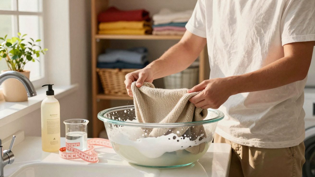 Person hand washing a beige knitted sweater in a glass bowl filled with soapy water on a kitchen counter.