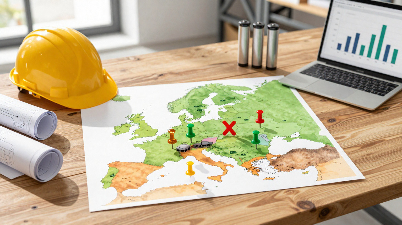 Map of Europe with coloured pins and a red X on a wooden table alongside a yellow hard hat, rolled blueprints, and a laptop.