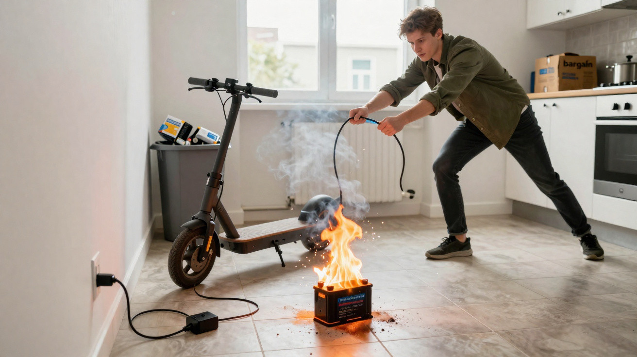 Man attempts to extinguish fire on a burning battery connected to an electric scooter indoors.