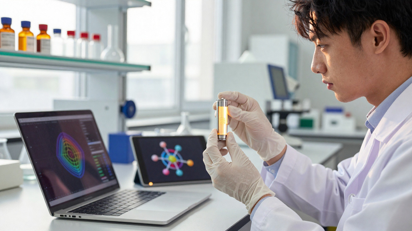 Scientist in lab coat and gloves examining a test tube with yellow liquid, laptop and tablet displaying scientific data nearb