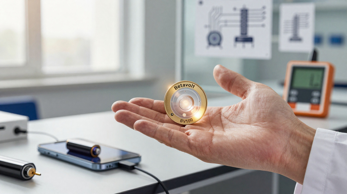 Hand holding a small golden Betavoh BV100 electronic component in a laboratory setting.