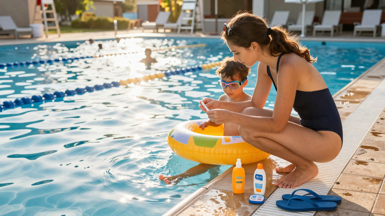 Woman applying sunscreen to a child in a yellow float at an outdoor swimming pool on a sunny day.