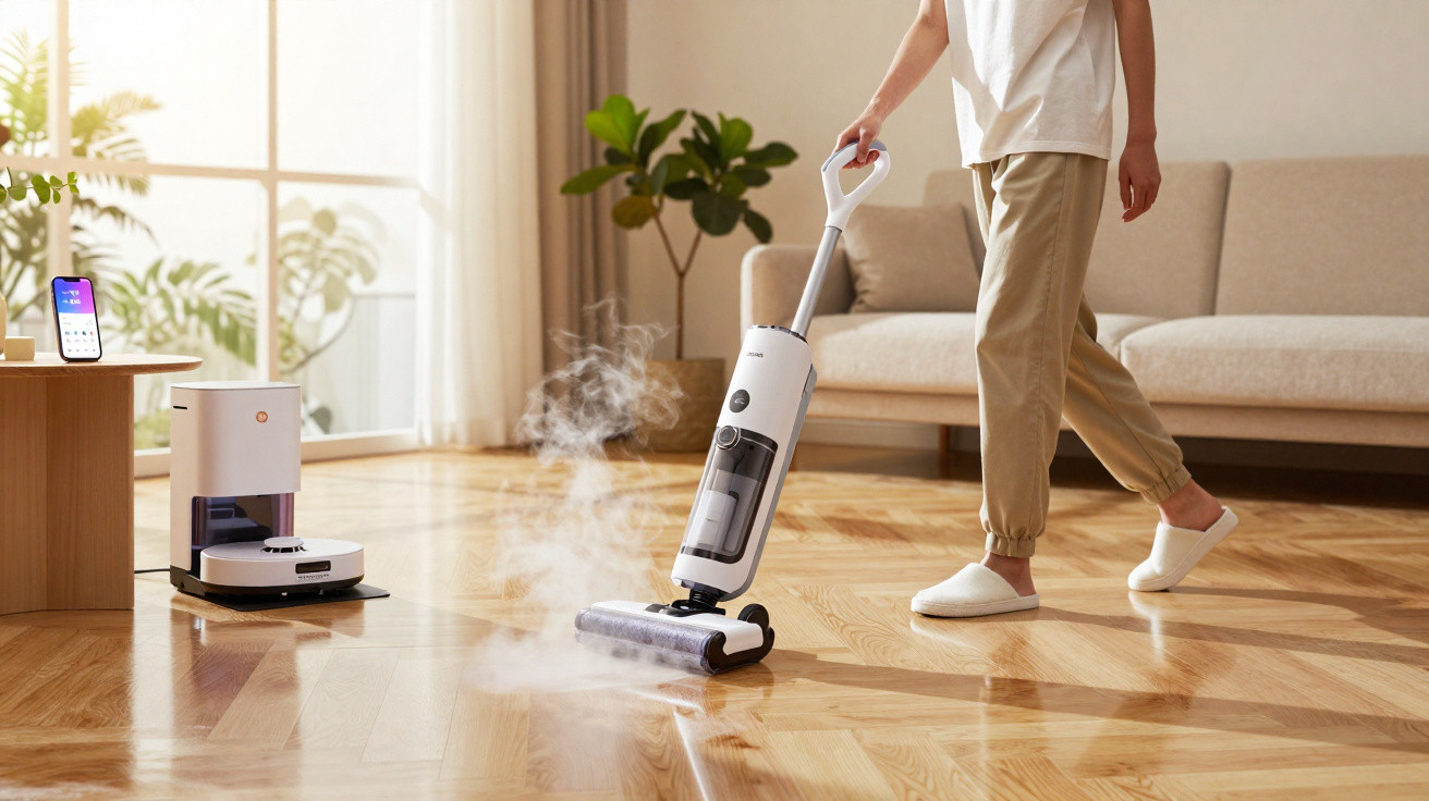 Person using a white steam mop to clean a wooden floor in a bright living room with a robot vacuum and smartphone nearby.