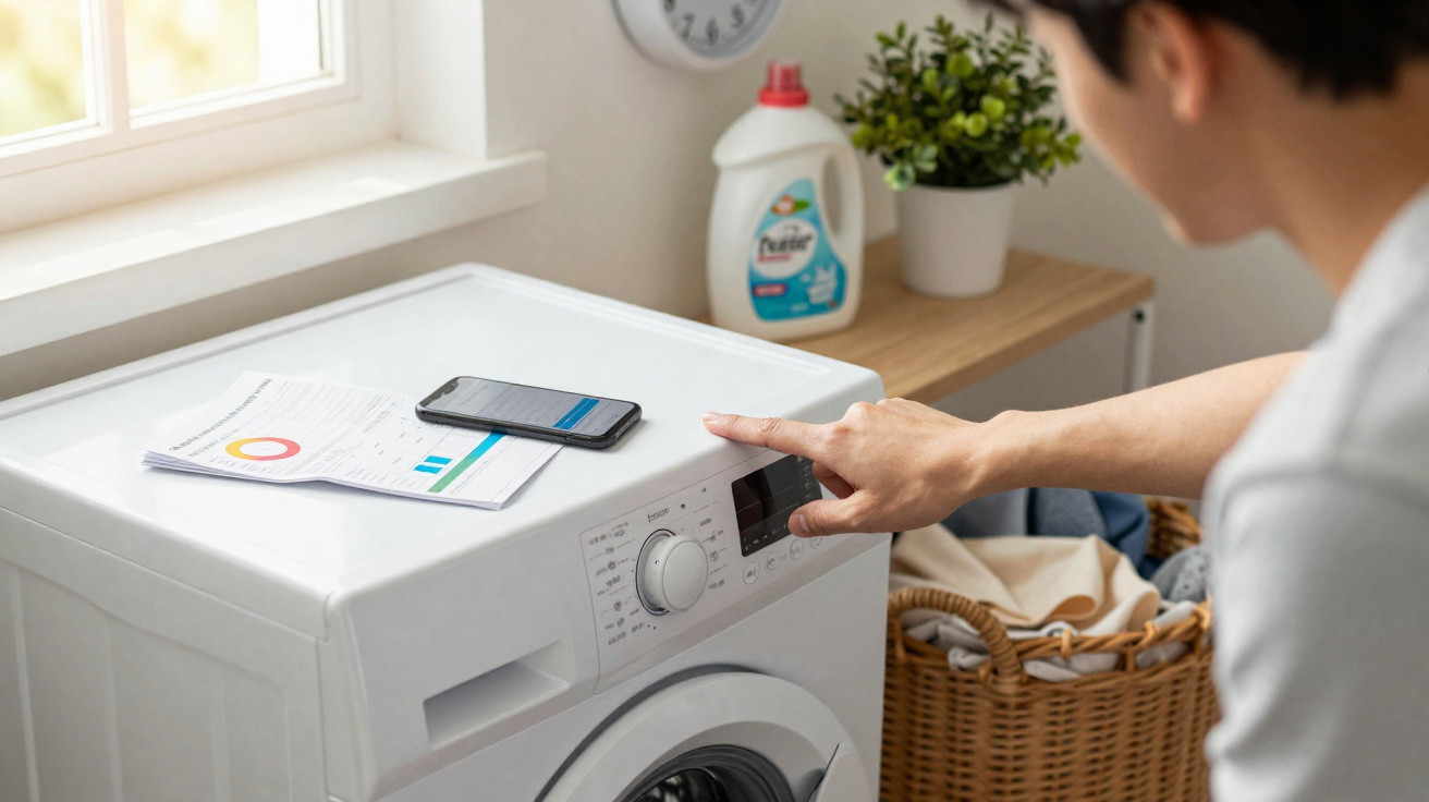 Person pressing buttons on a white washing machine in a bright laundry room with basket and detergent nearby.