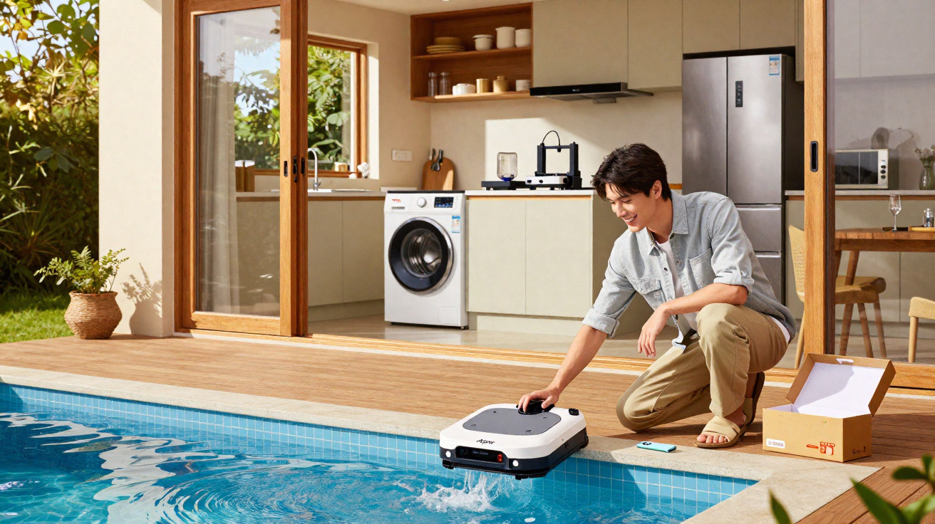 Man operating a robotic pool cleaner at the edge of an outdoor swimming pool beside a modern kitchen.