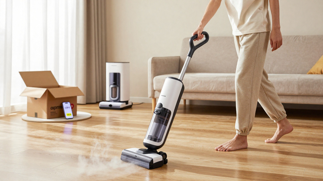 Person using a cordless vacuum cleaner on a wooden floor in a bright living room with a sofa and open box nearby.
