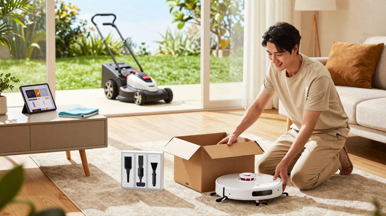 Man unboxing a robot vacuum cleaner on a carpet in a bright living room with a lawnmower outside.