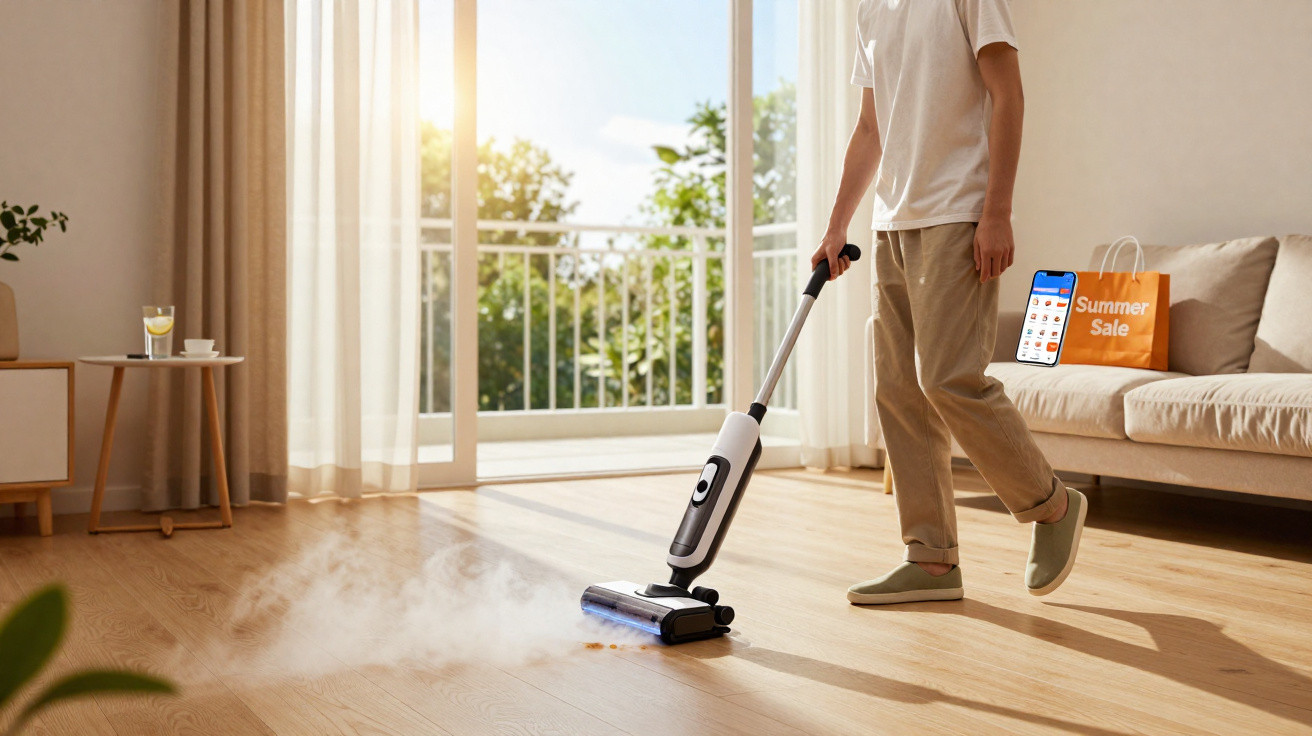 Person using a cordless steam mop to clean a wooden floor in a bright living room with an open balcony door.
