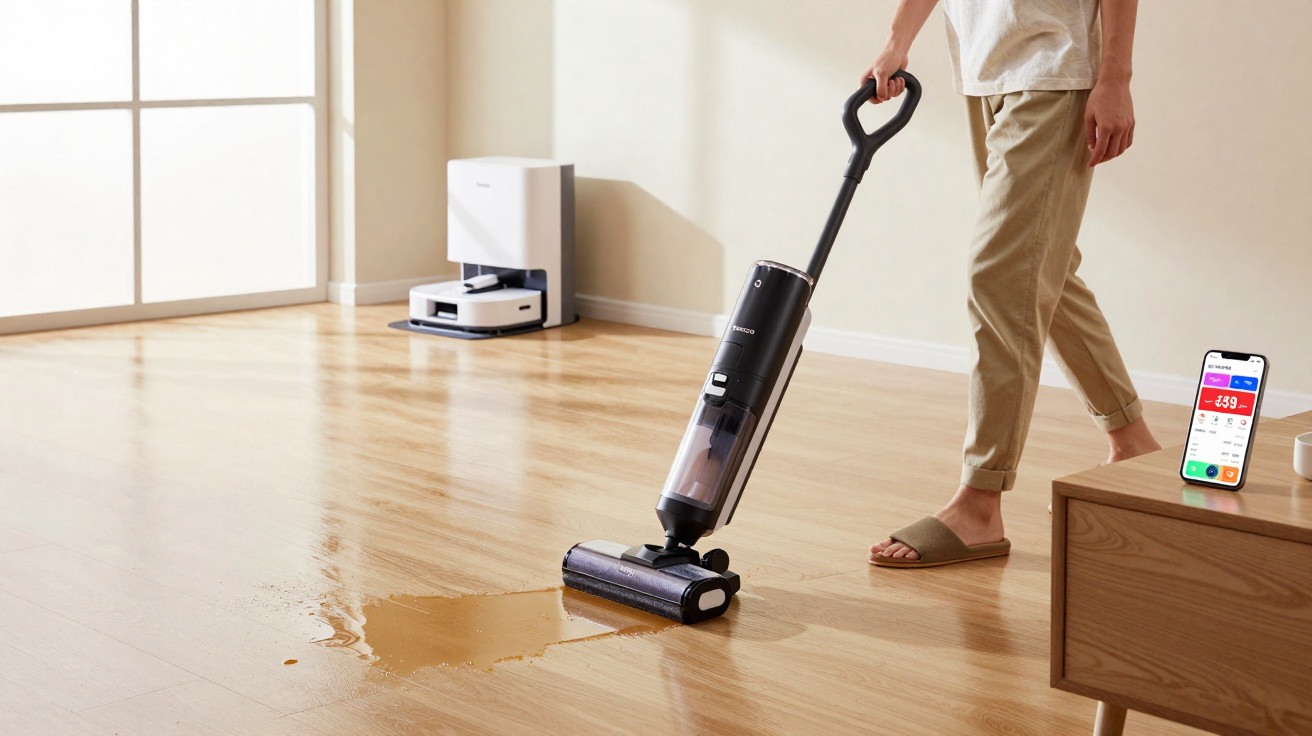 Person using a black cordless vacuum to clean a liquid spill on a wooden floor in a bright room.