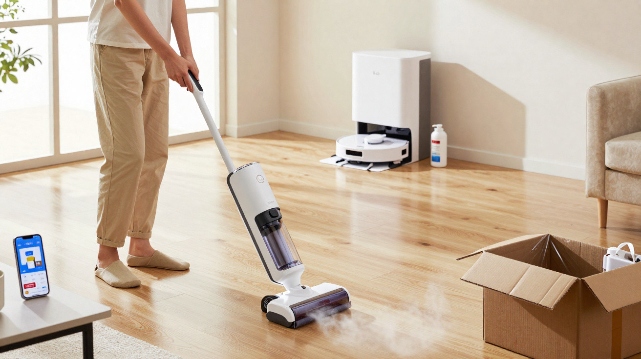 Person using a white cordless vacuum cleaner on a wooden floor in a modern living room.