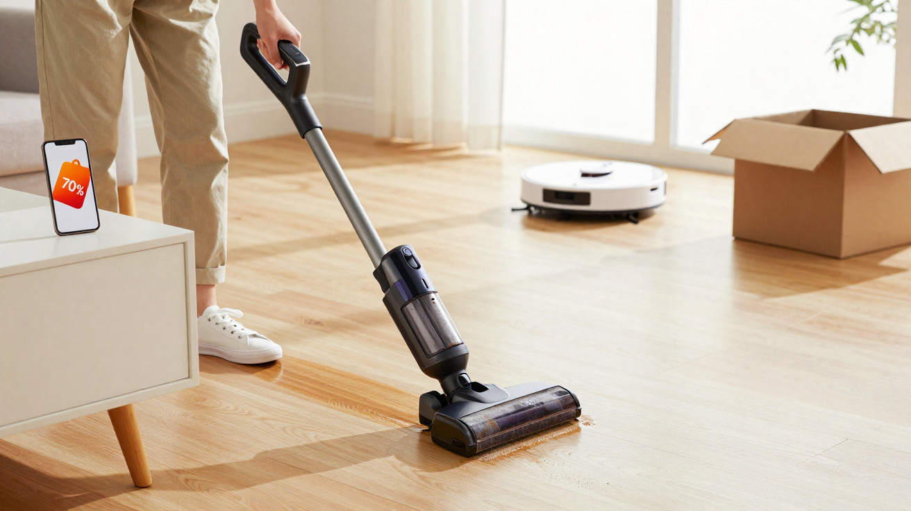 Person using a cordless vacuum cleaner on wooden floor with a smartphone showing 70% battery nearby.