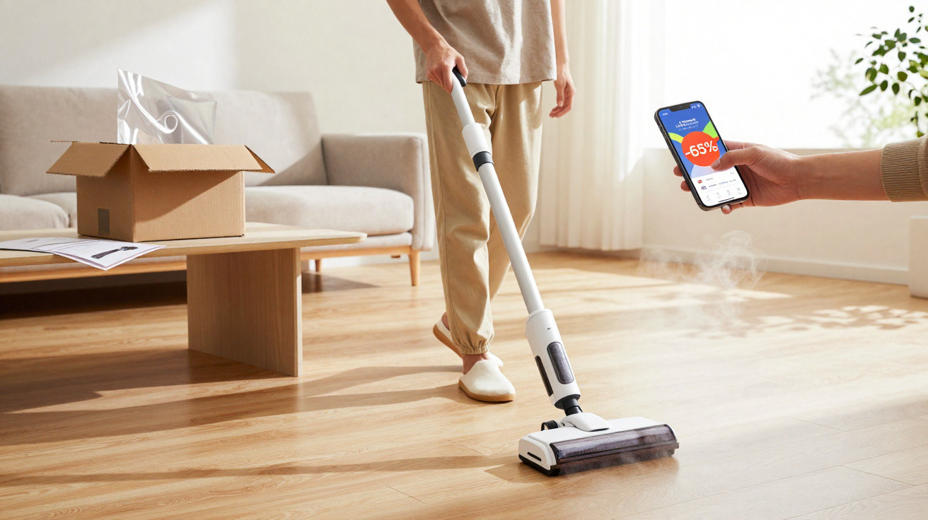 Person vacuuming wooden floor while another holds phone showing 65% discount in bright living room.