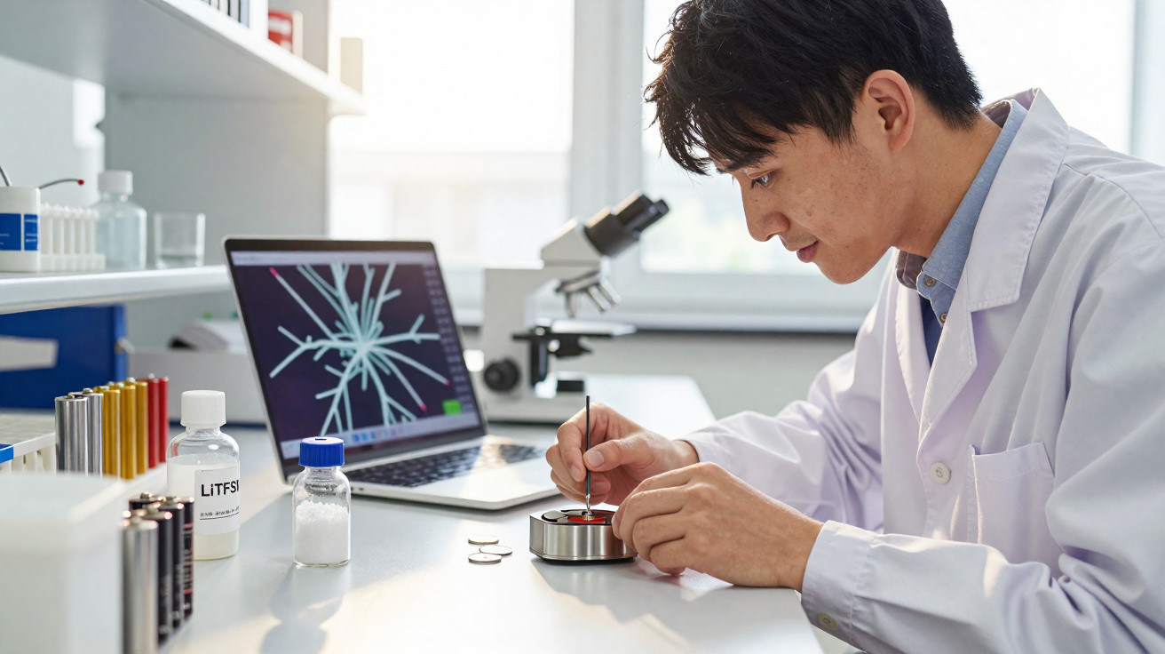 Scientist in a lab coat working with samples at a lab bench, laptop and microscope in the background.