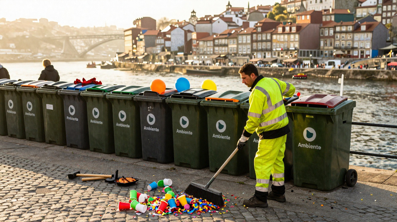 Worker in high-visibility gear sweeping colourful plastic cups and debris near labelled recycling bins by a riverside town.