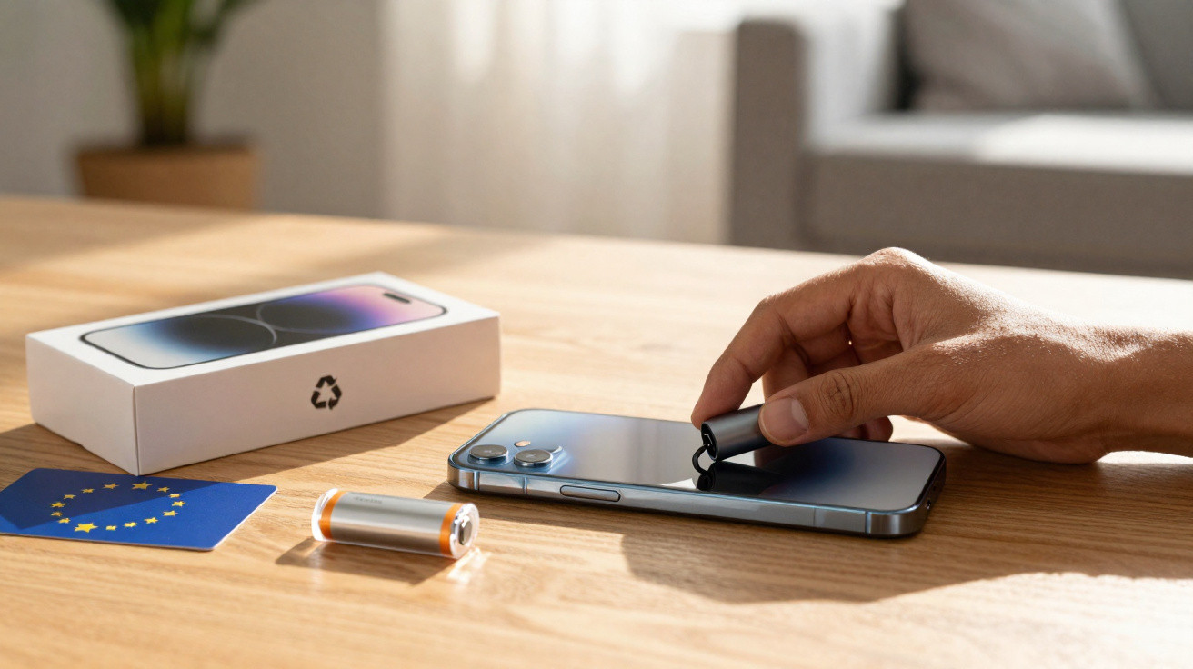 Hand holding a battery near a smartphone on a wooden table with phone box and battery nearby.