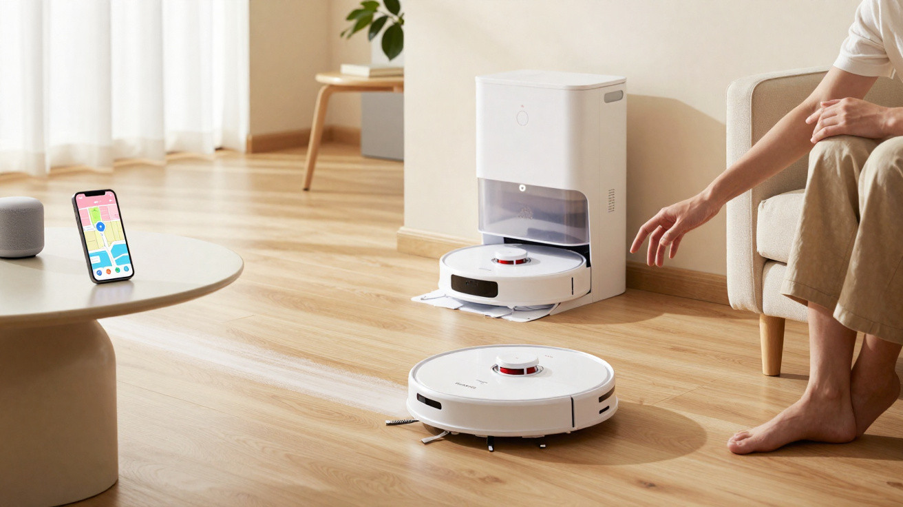 Person reaching for robotic vacuum returning to charging station on wooden floor in living room.