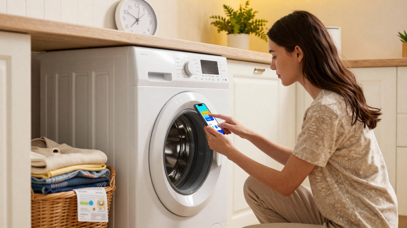 Woman using smartphone to control front-loading washing machine in modern laundry room.