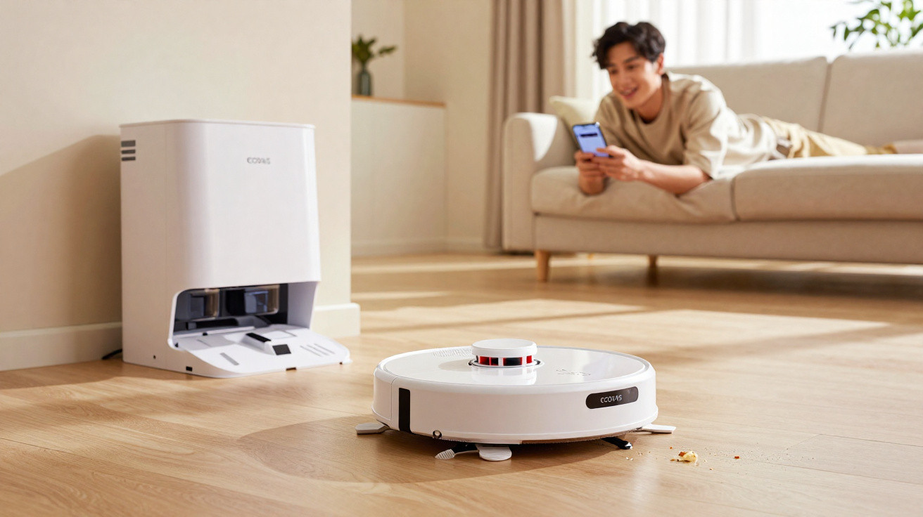 Robot vacuum cleaning crumbs from wooden floor near charging station with person on sofa using phone in background