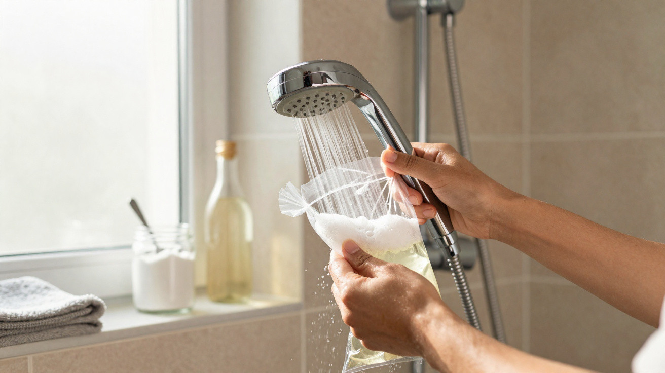 Person rinsing a plastic bag of shower gel under a handheld showerhead in a bathroom.
