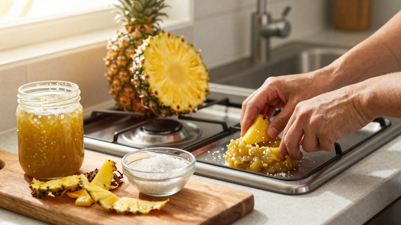 Hands grating fresh pineapple on a kitchen counter with pineapple pieces, salt, and pineapple jam in a jar nearby.