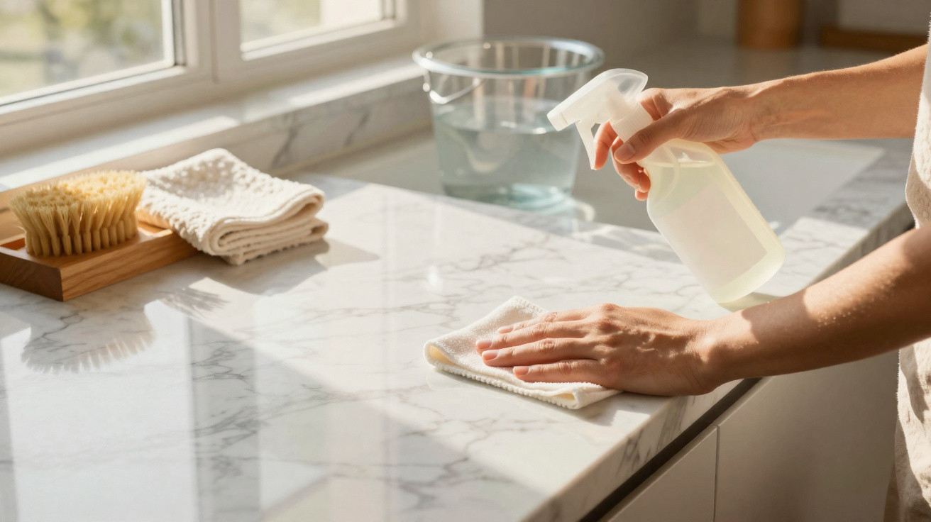 Person cleaning a marble kitchen countertop with a spray bottle and cloth near a window in daylight.
