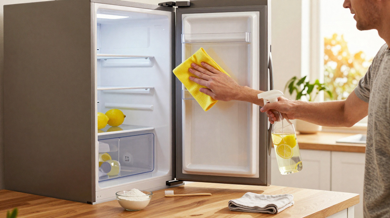 Person cleaning the inside of a fridge door with a yellow cloth and lemon-scented spray in a bright kitchen.