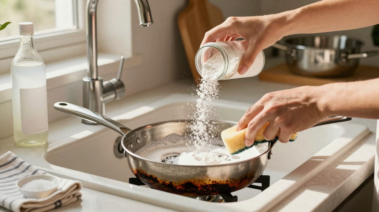 Hands sprinkling cleaning powder onto a dirty frying pan and scrubbing it with a sponge in a kitchen sink.