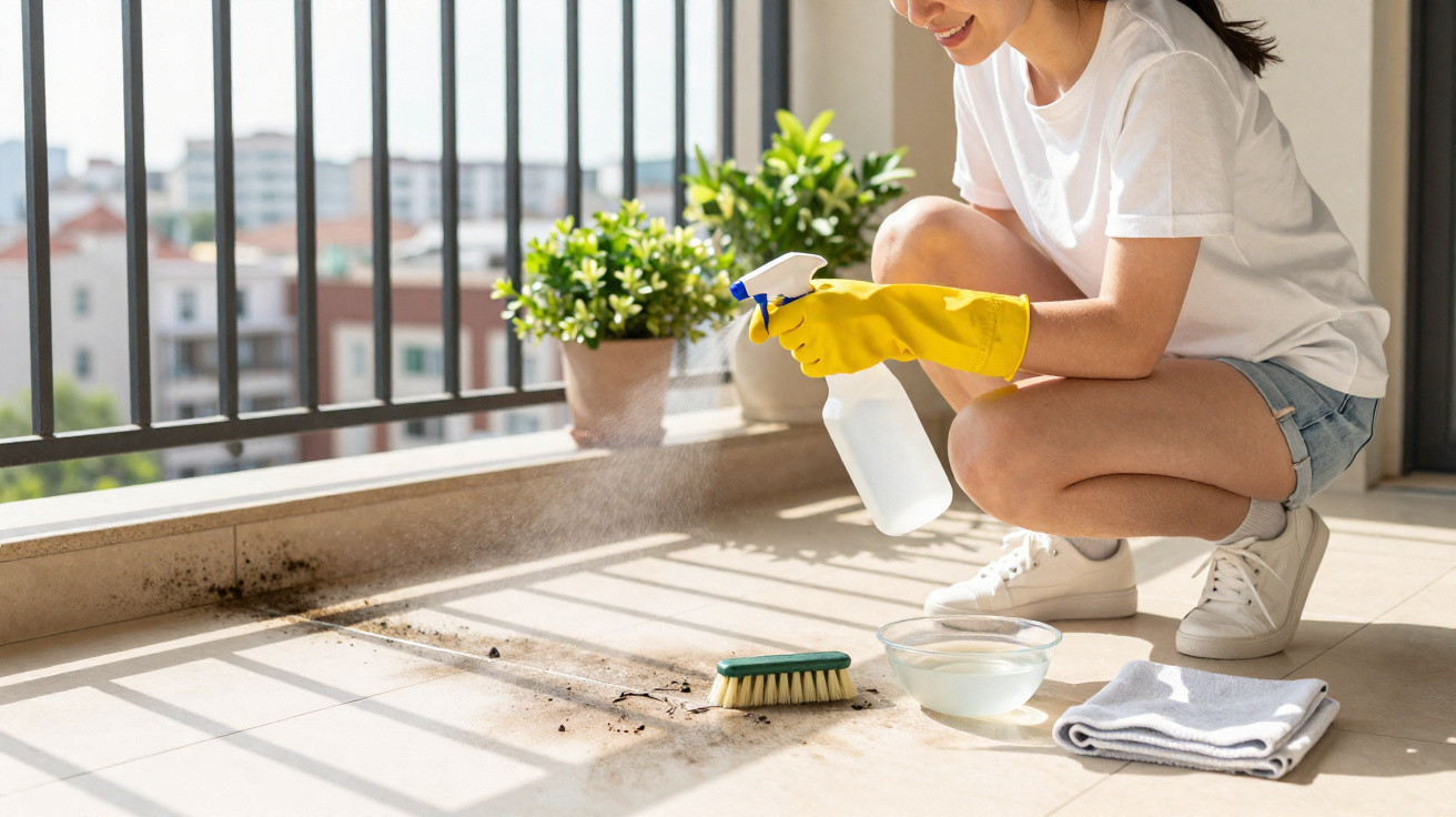 Woman wearing yellow gloves spraying cleaner on a balcony floor near dirt and cleaning supplies on a sunny day.