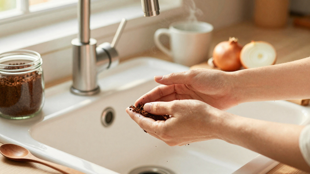 Hands holding used coffee grounds over a white kitchen sink with a jar and onion in the background.
