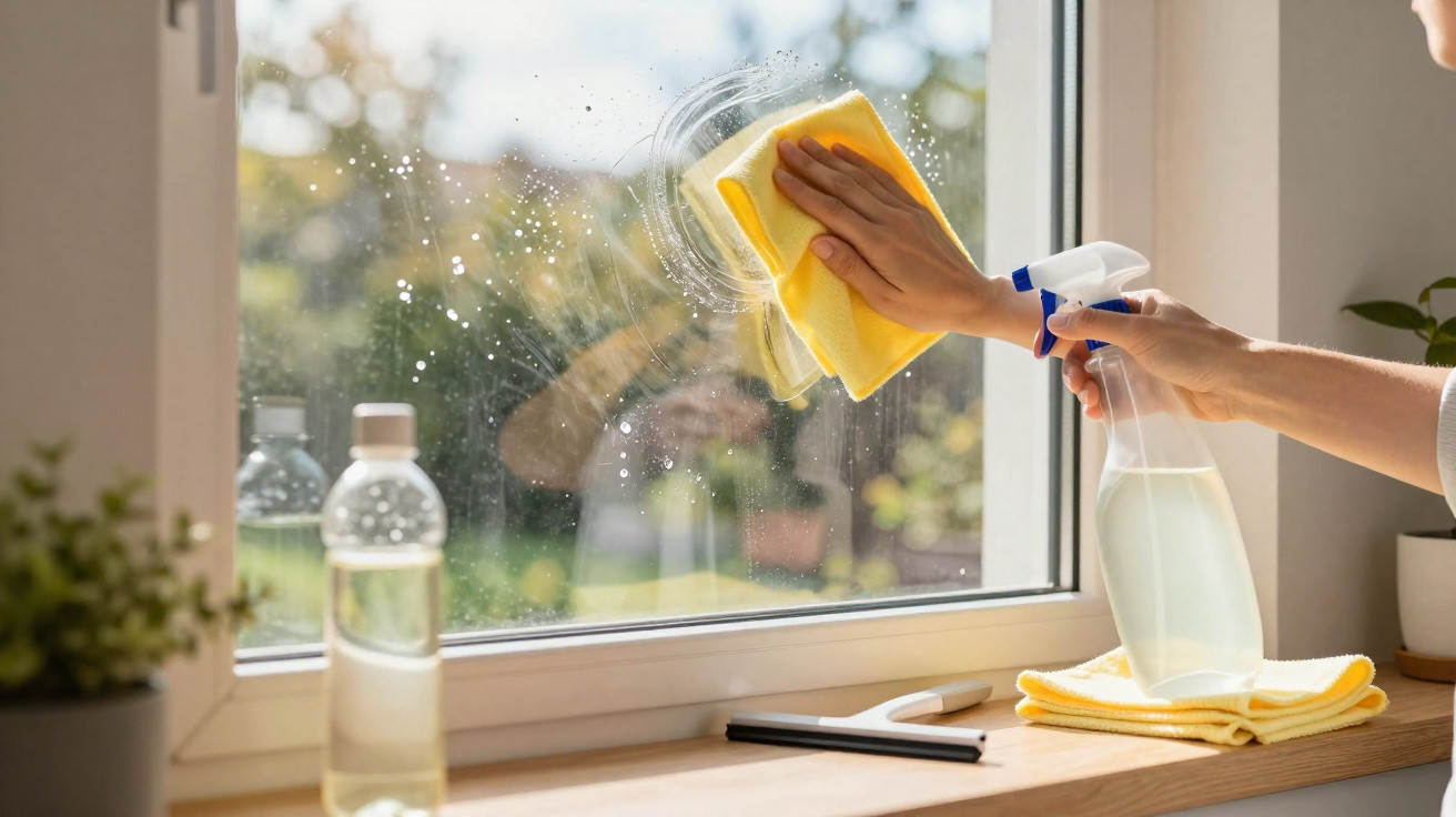Person cleaning a window with a yellow cloth and spray bottle on a sunny day.