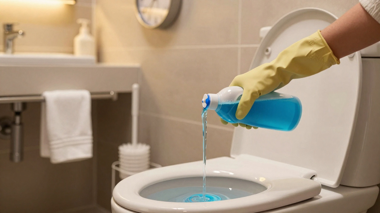 Hand wearing yellow glove pouring blue toilet cleaner into a white toilet bowl in a bathroom.