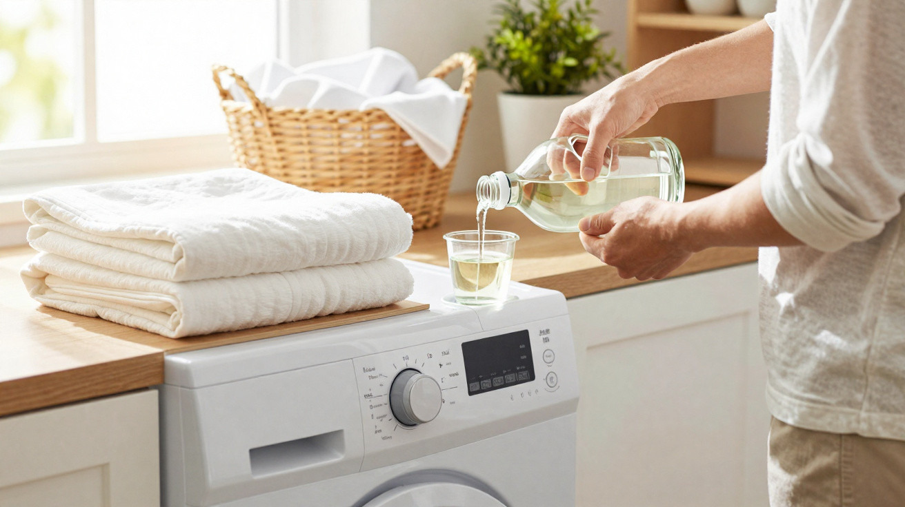 Person pouring liquid detergent into a measuring cup above a washing machine in a bright laundry room