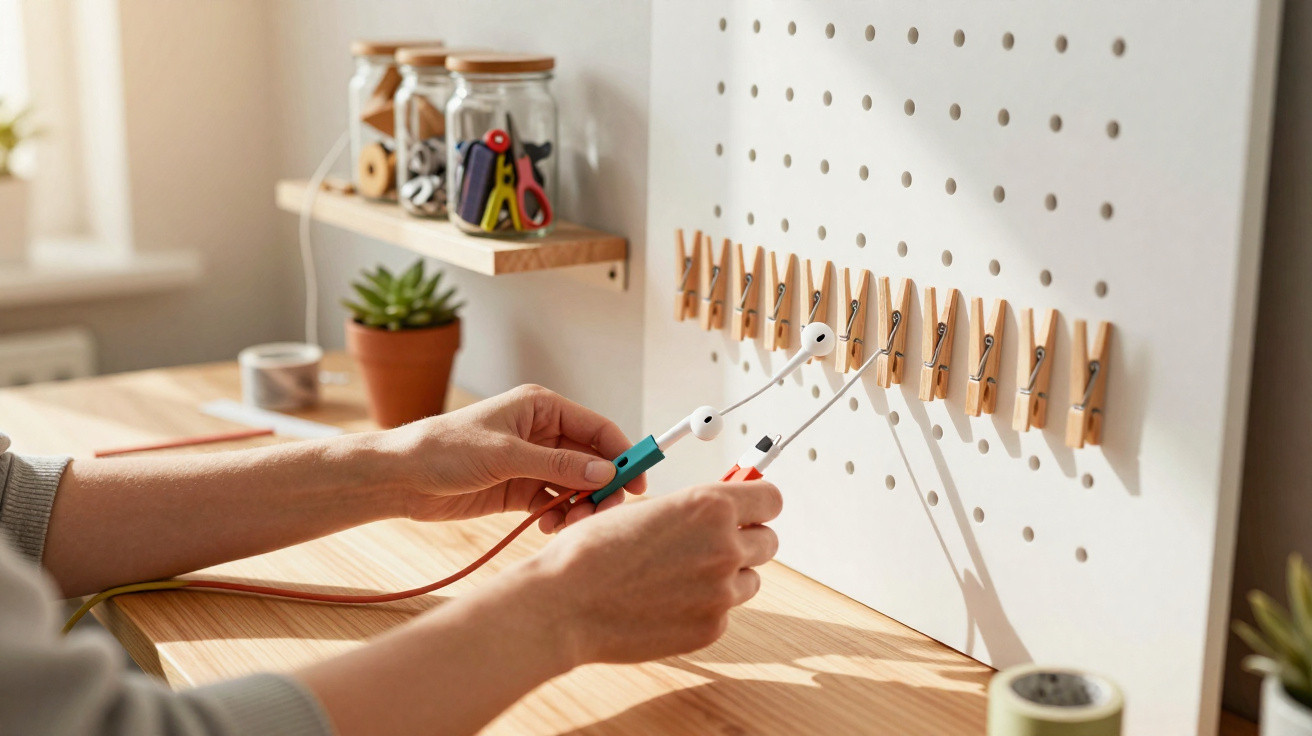 Hands attaching wires to wooden pegs on a pegboard in a bright, organised workspace with shelves and plants.
