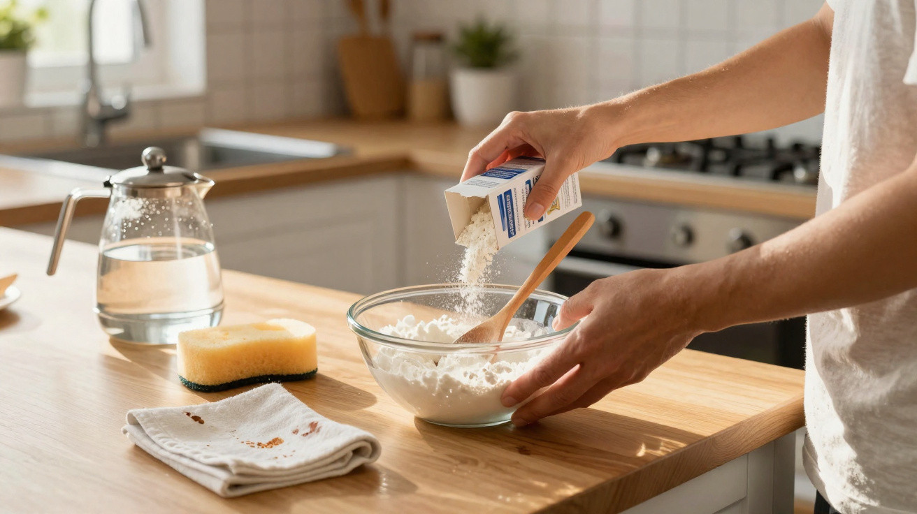 Person pouring flour into a glass bowl on a wooden kitchen counter with a sponge and cloth nearby.