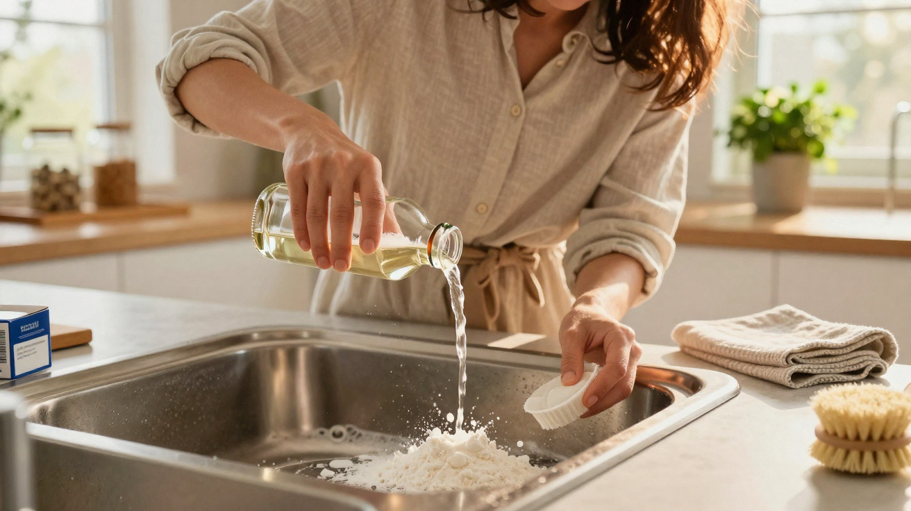 Person pouring liquid into a kitchen sink filled with baking soda for natural cleaning.