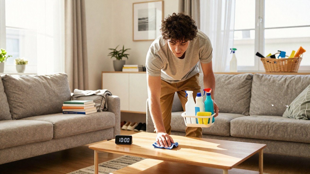 Young man cleaning a wooden coffee table in a bright living room with cleaning supplies in hand.