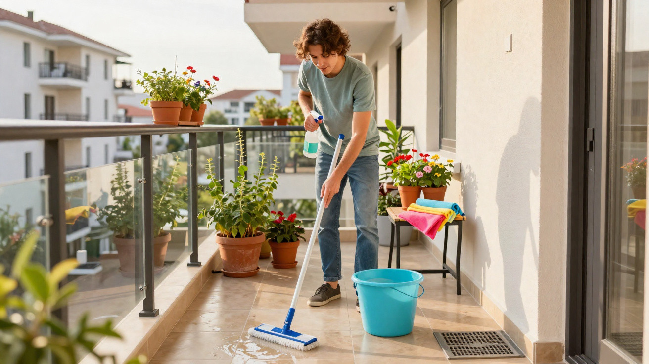 Young man cleaning a balcony floor with a mop and bucket surrounded by potted plants in the daytime.
