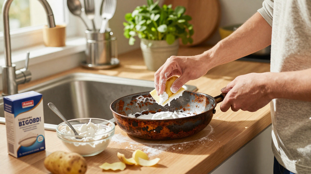 Hands rubbing butter into flour in a frying pan on a wooden kitchen countertop with potato peelings nearby.