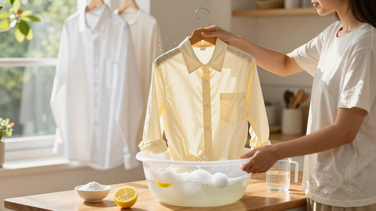 Woman soaking a yellow shirt in a basin with detergent on a wooden table near a window with white shirts hanging.