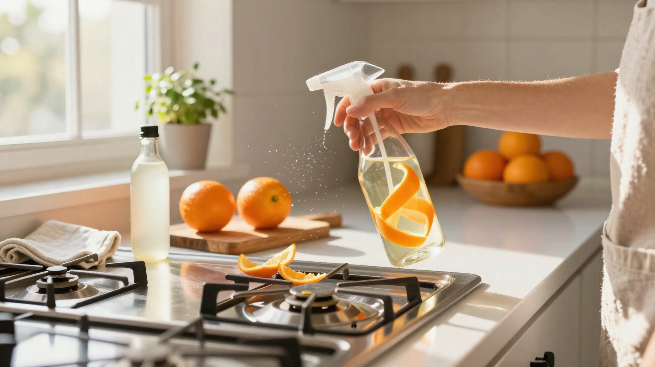Hand spraying homemade natural cleaner with orange peel over gas stove in bright kitchen.