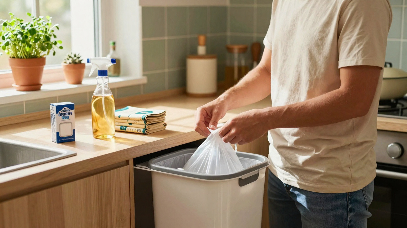 Person placing a tied plastic bag into a white kitchen bin next to a countertop with cleaning supplies and plants.