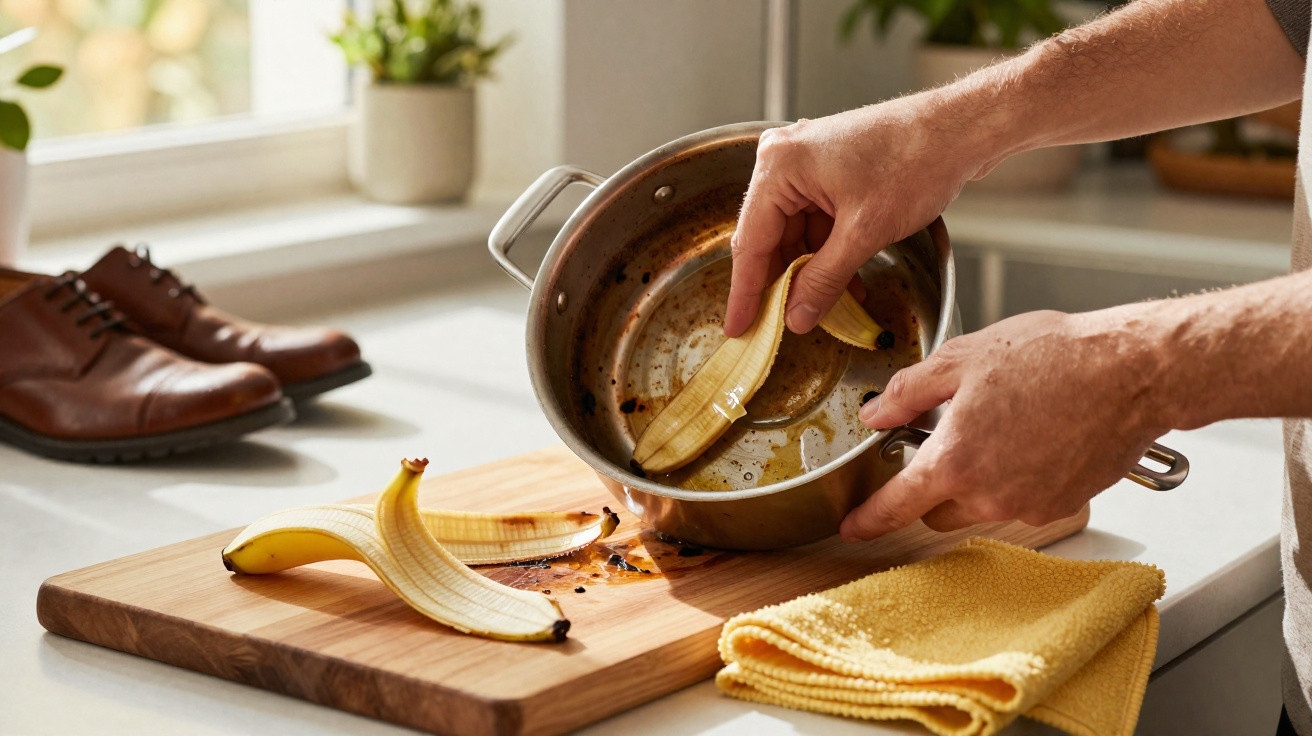 Person scraping cooked banana peel from a pot onto a wooden cutting board in a kitchen.