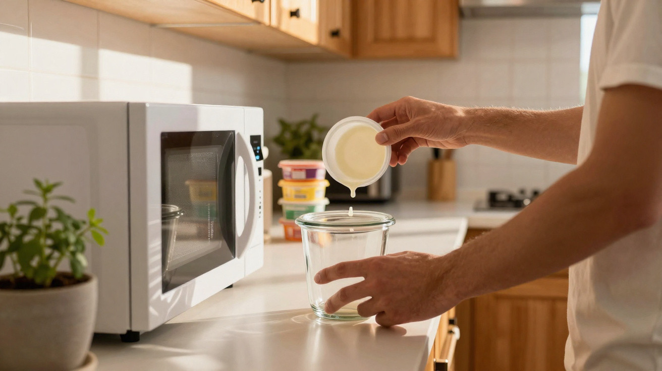 Person pouring liquid into a glass bowl on a kitchen countertop next to a microwave and potted plant.