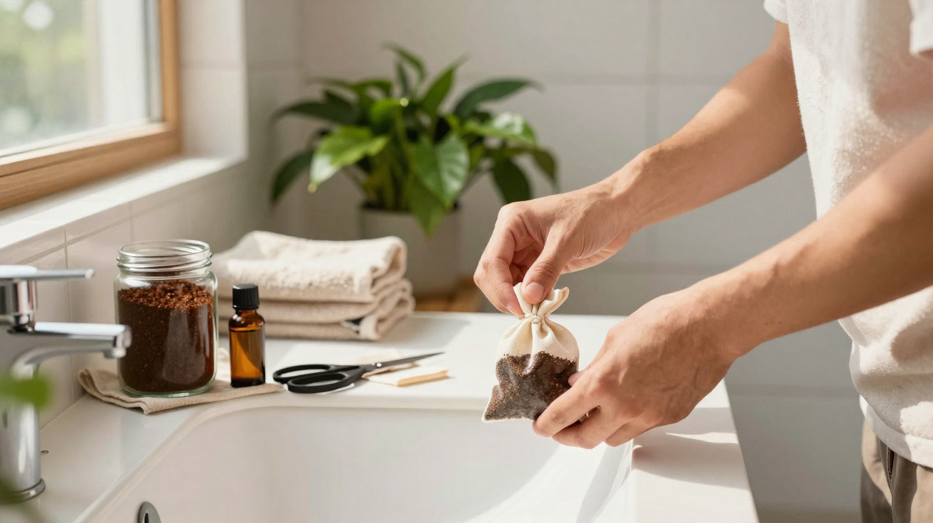 Person holding a small cloth bag filled with coffee grounds over a bathroom sink with toiletries nearby.