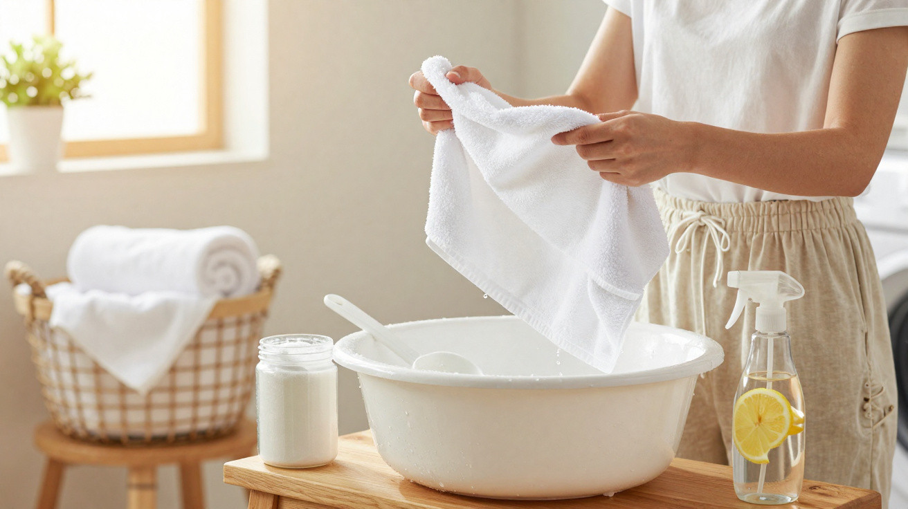 Person drying a white towel over a white basin with a spray bottle and jar on the wooden table.