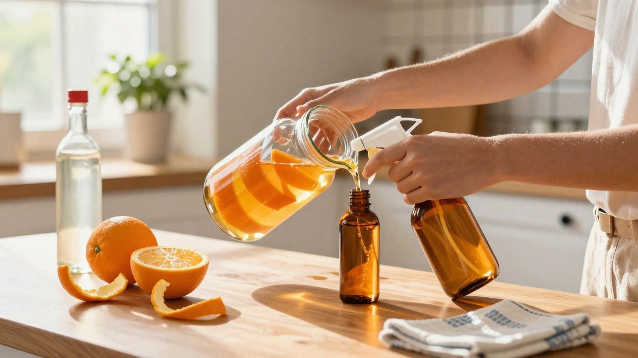 Person pouring orange liquid from a jug into a brown spray bottle on a kitchen table with oranges nearby.
