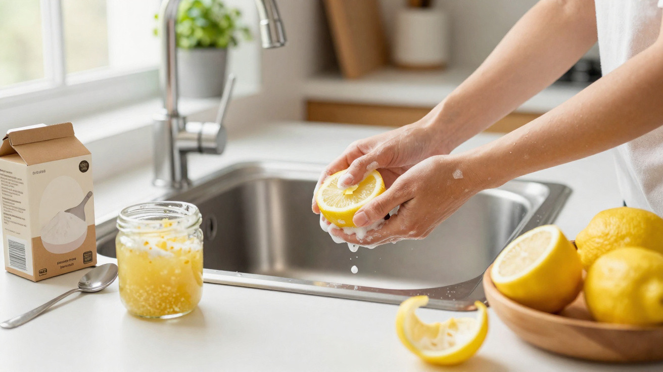 Person squeezing lemon over kitchen sink with jar of lemon mixture and bowl of lemons on counter next to them