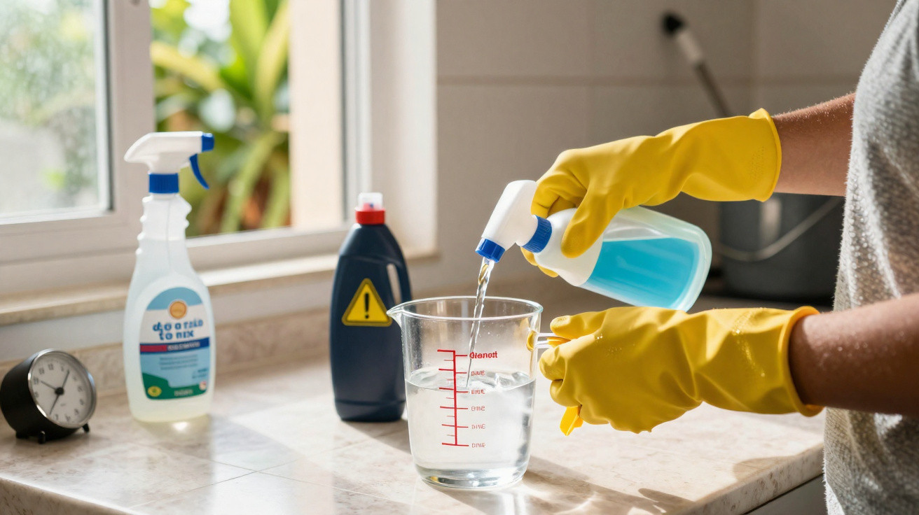 Person wearing yellow gloves pouring blue liquid from a spray bottle into a measuring jug on a countertop.