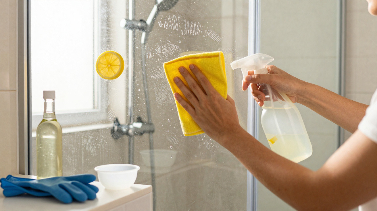 Person cleaning a glass shower door with a yellow cloth and spray bottle in a bathroom.