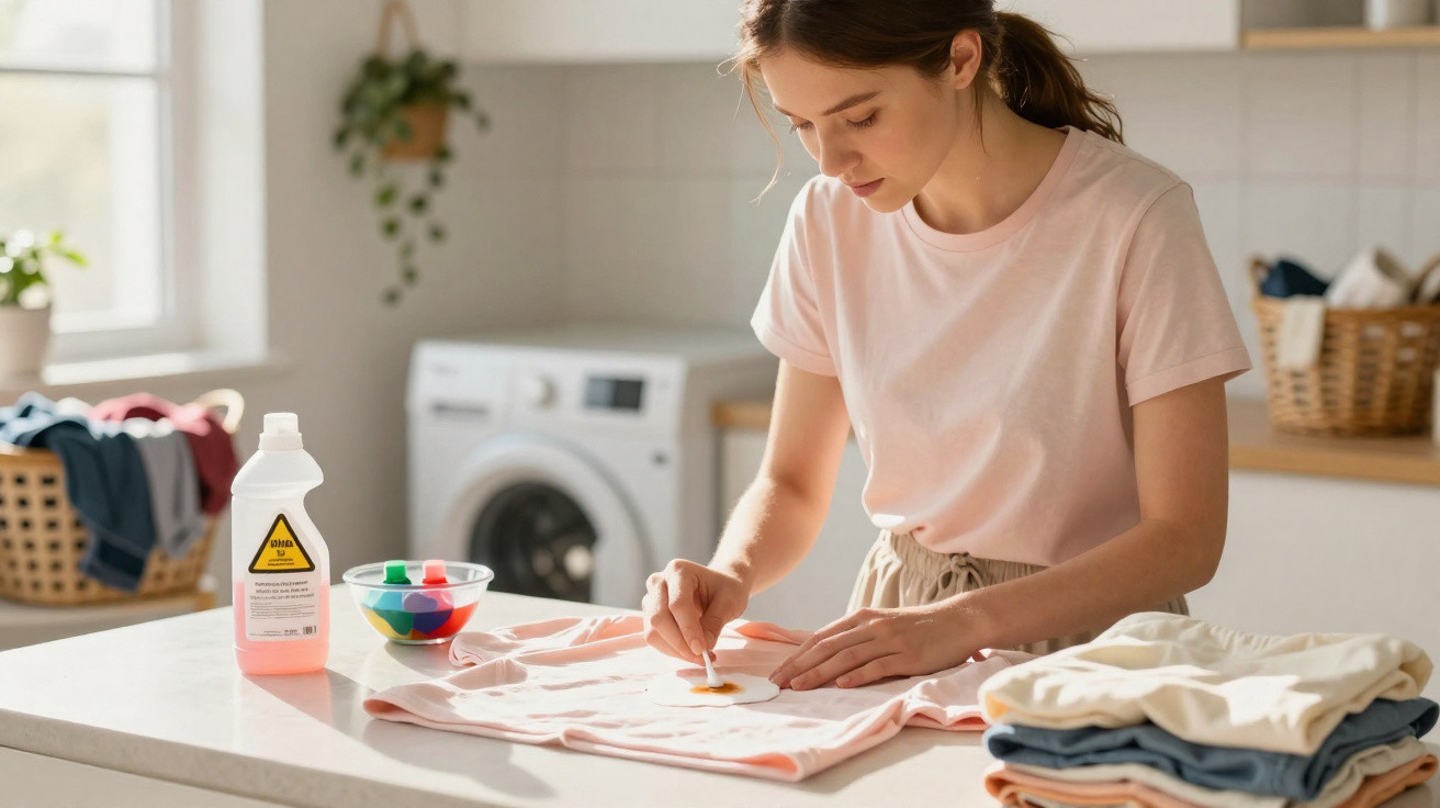 Woman treating a stain on a pink t-shirt at a kitchen counter with detergent and colour remover.